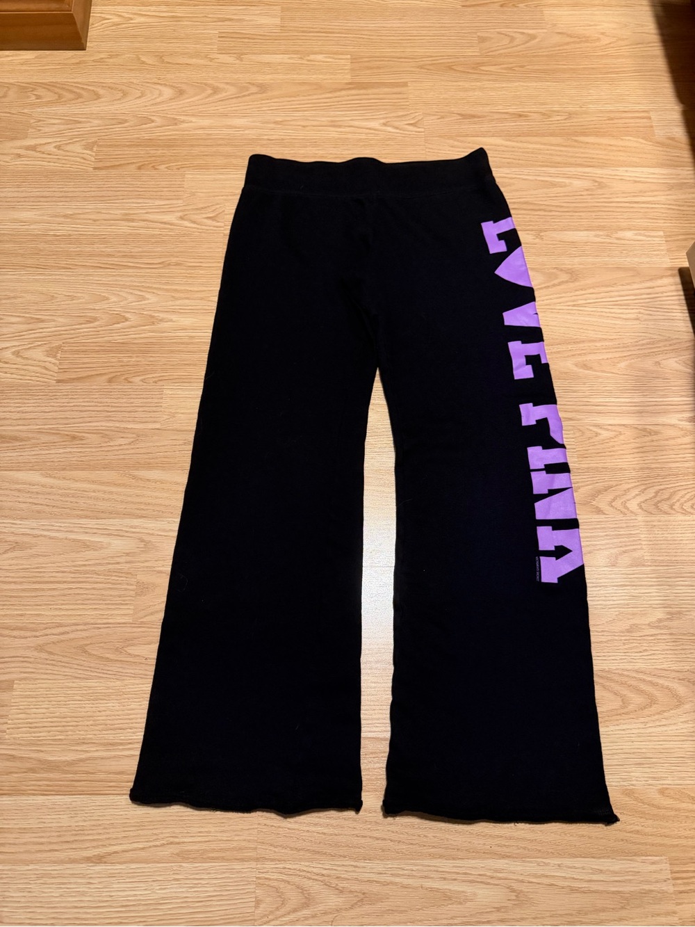 PINK Victoria's Secret Black Wide-Leg Sweatpants with Purple Side Logo